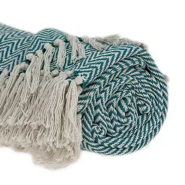 Aqua Chevron Cotton Handloomed Tassel Throw