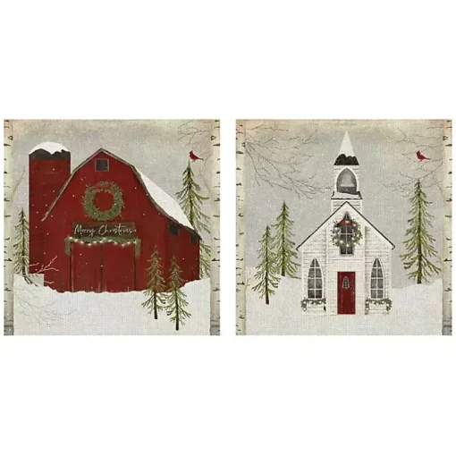 Barn and Church Canvas Art Prints, Set of 2