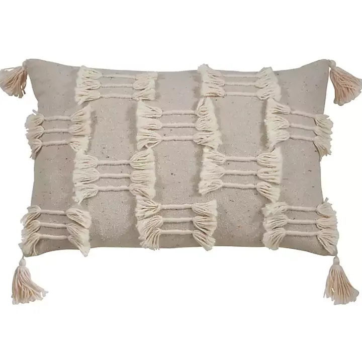 Beige Frayed Tassel Lumbar Pillow