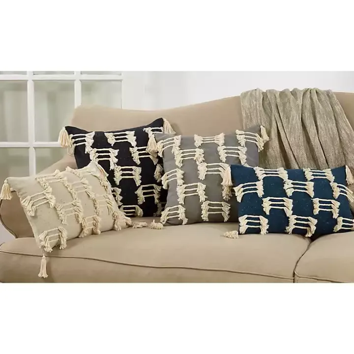 Beige Frayed Tassel Lumbar Pillow