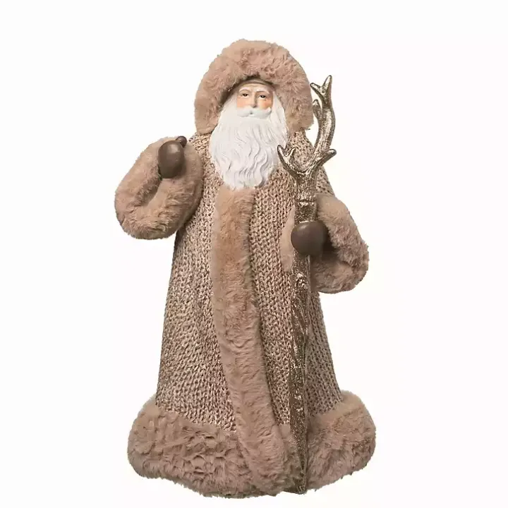 Beige Fur Robe Staff Santa Christmas Statue