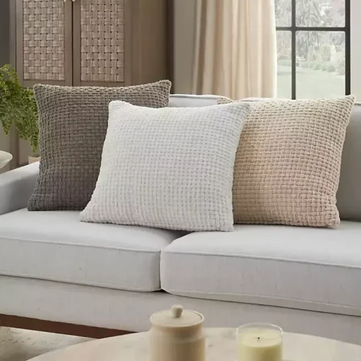 Beige Waffle Knit Chenille Throw Pillows, Set of 2