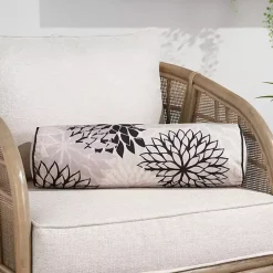Black and Beige Floral Outdoor Bolster Pillow
