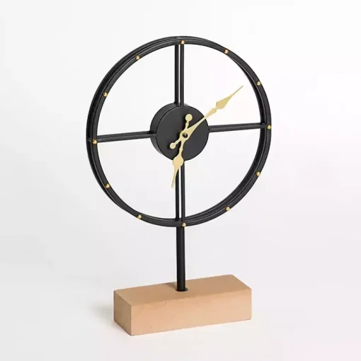 Black and Gold Metal Clock with Wooden Base