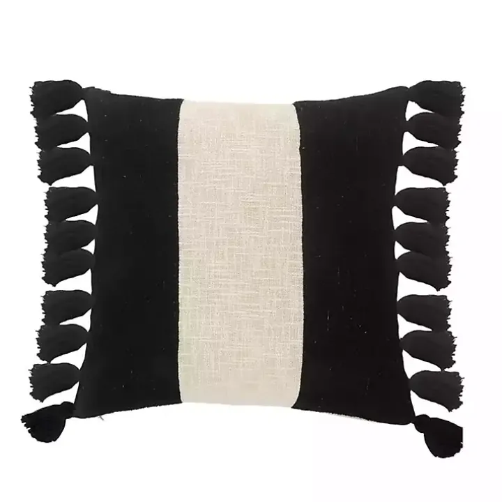 Black and White Cotton Throw Pillow with Tassels