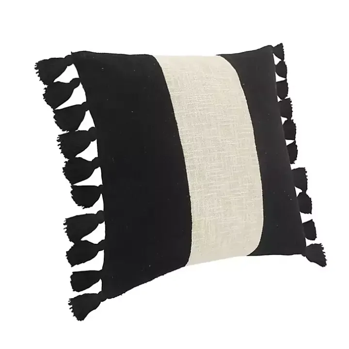 Black and White Cotton Throw Pillow with Tassels