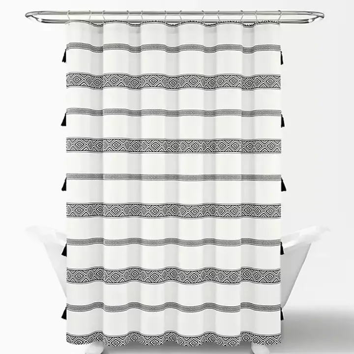 Black and White Striped Boho Shower Curtain