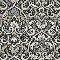 Black Aurora Damask Outdoor Pillow