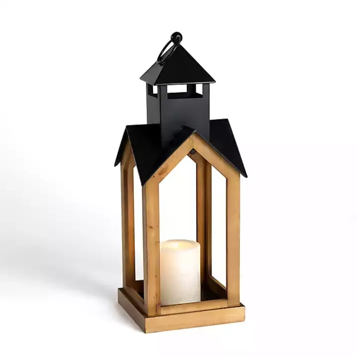 Black Metal & Natural Wood Steeple Lantern, 24 in.