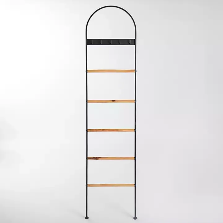 Black Metal & Natural Wood Ladder with Hooks