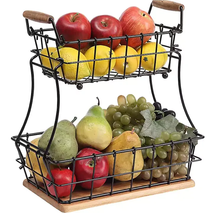 Black Metal and Wood Stackable Kitchen Baskets