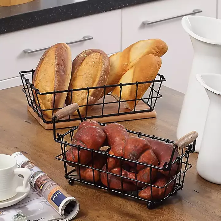 Black Metal and Wood Stackable Kitchen Baskets