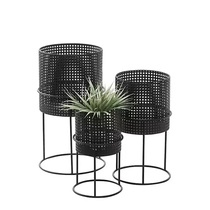 Black Metal Basket Weave Planters, Set of 3