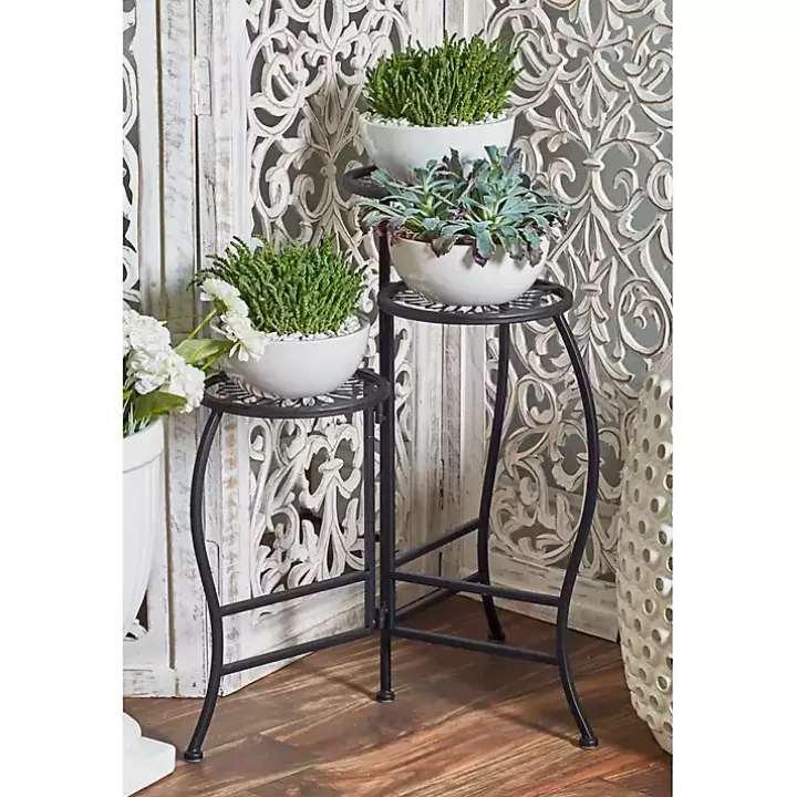 Black Metal Floral 3-Tier Plant Stand