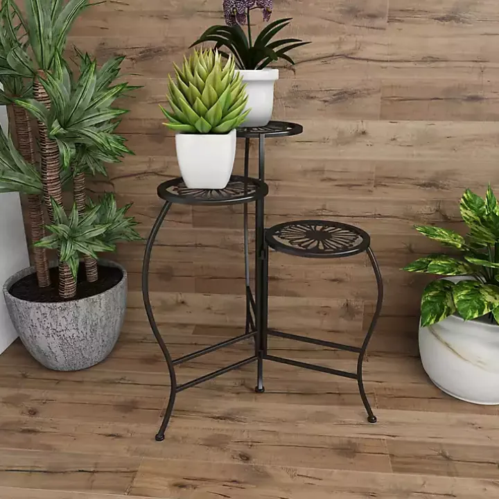 Black Metal Floral 3-Tier Plant Stand