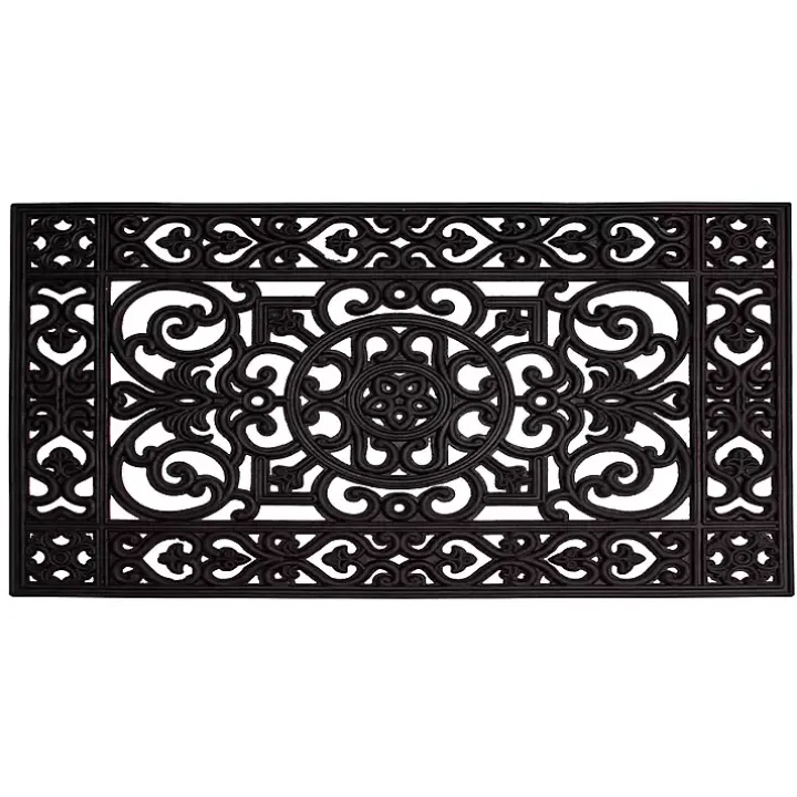 Black Scroll Border Rubber Doormat, 41x17 in.