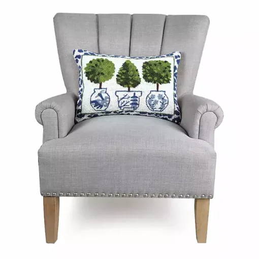 Blue & Green Topiary Hooked Leopard Lumbar Pillow