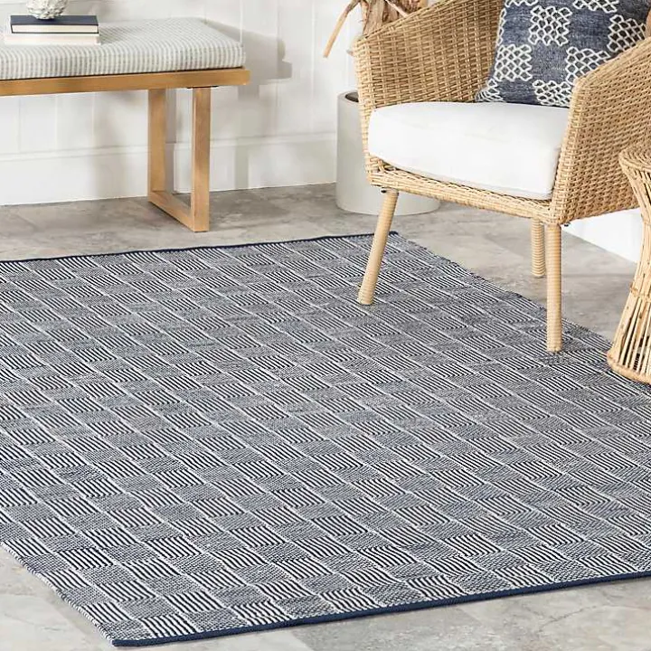 Blue & Ivory Checkered Indoor/Outdoor Rug, 4x6