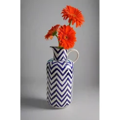 Blue & White Chevron Ceramic Pitcher Vase