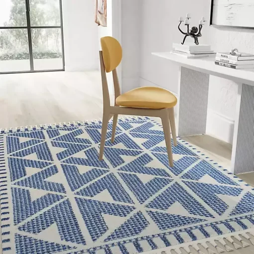 Blue & White Geometric Shag Area Rug, 8x10