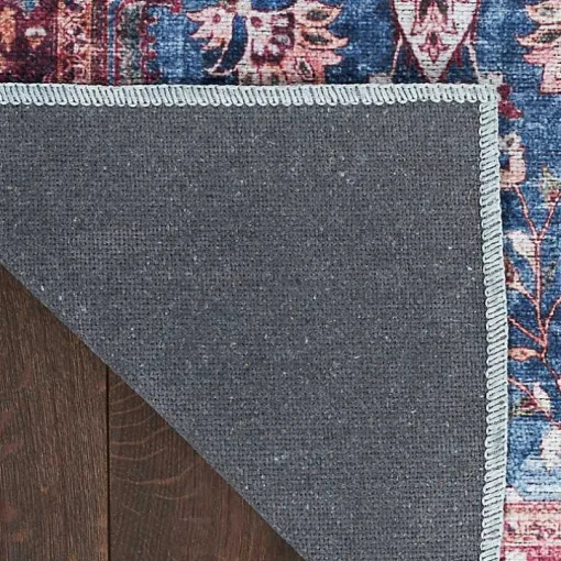 Blue and Brick Floral Washable Area Rug, 5x7