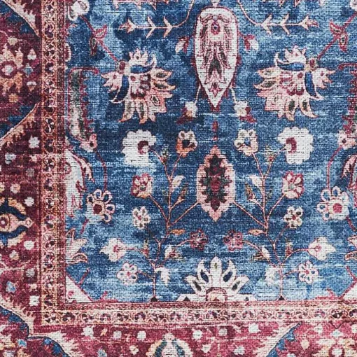Blue and Brick Floral Washable Area Rug, 5x7