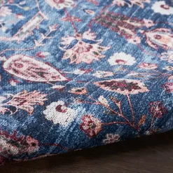 Blue and Brick Floral Washable Area Rug, 5x7