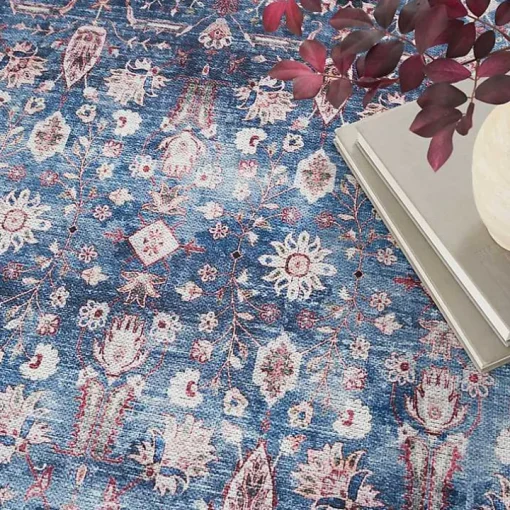 Blue and Brick Floral Washable Area Rug, 5x7
