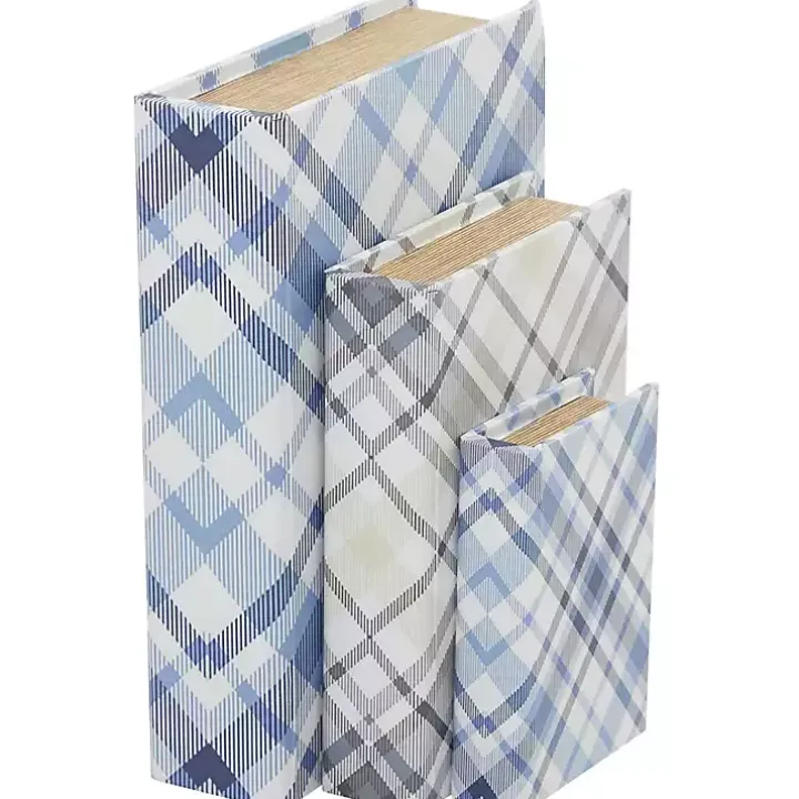 Blue and Gray Plaid Book Boxes, Set of 3