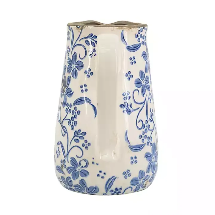 Blue and Ivory Floral Ceramic Pitcher Vase