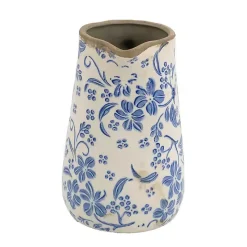 Blue and Ivory Floral Ceramic Pitcher Vase