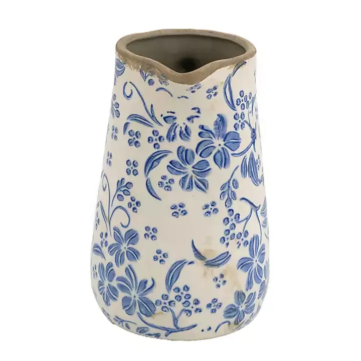 Blue and Ivory Floral Ceramic Pitcher Vase