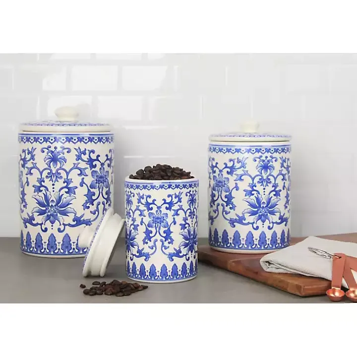 Blue and White Classic Ceramic Canisters, Set of 3