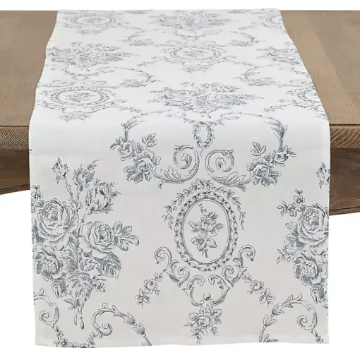 Blue and White Floral Table Runner, 120 in.