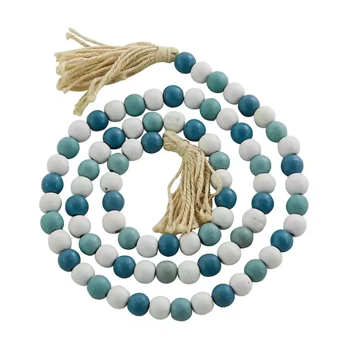 Blue and White Wood Beaded Tassel Garland