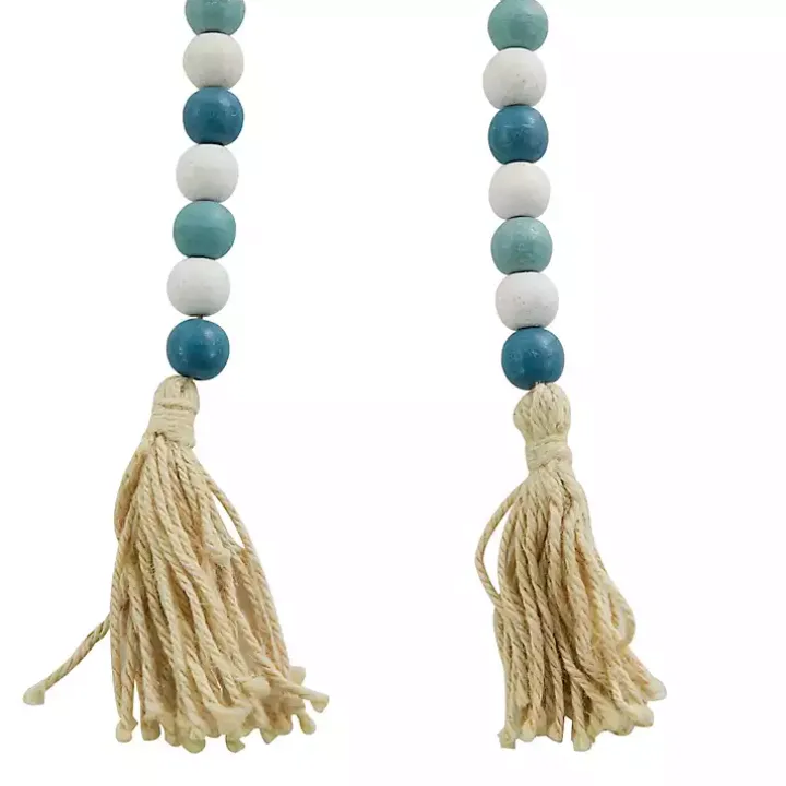 Blue and White Wood Beaded Tassel Garland