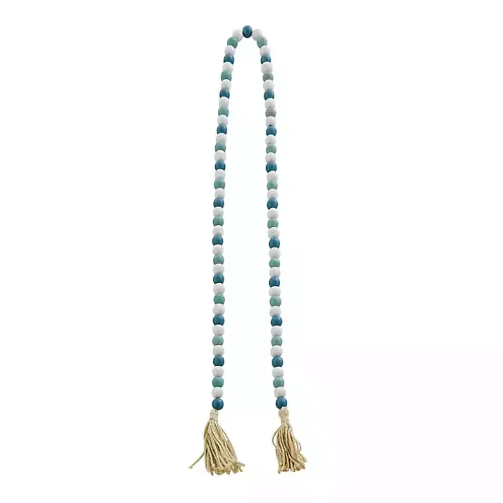 Blue and White Wood Beaded Tassel Garland
