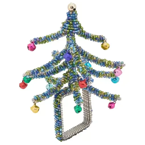 Blue Beaded Christmas Tree Napkin Rings, Set of 4