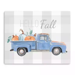 Blue Checkered Pumpkin Truck Canvas Wall Art