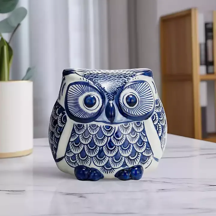Blue Chinoiserie Owl Figurine