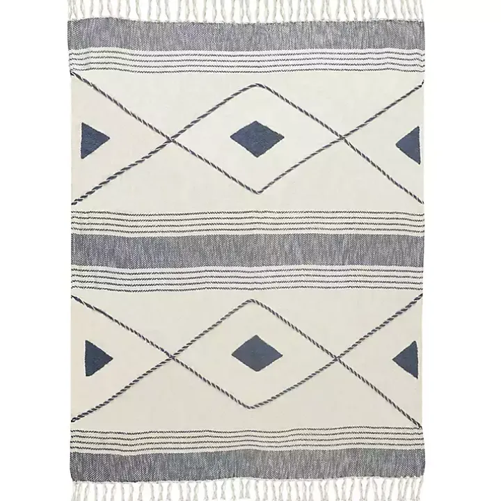 Blue Cotton Diamond Geometric Fringe Throw