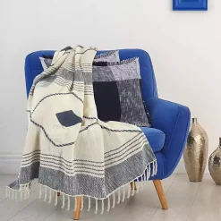 Blue Cotton Diamond Geometric Fringe Throw