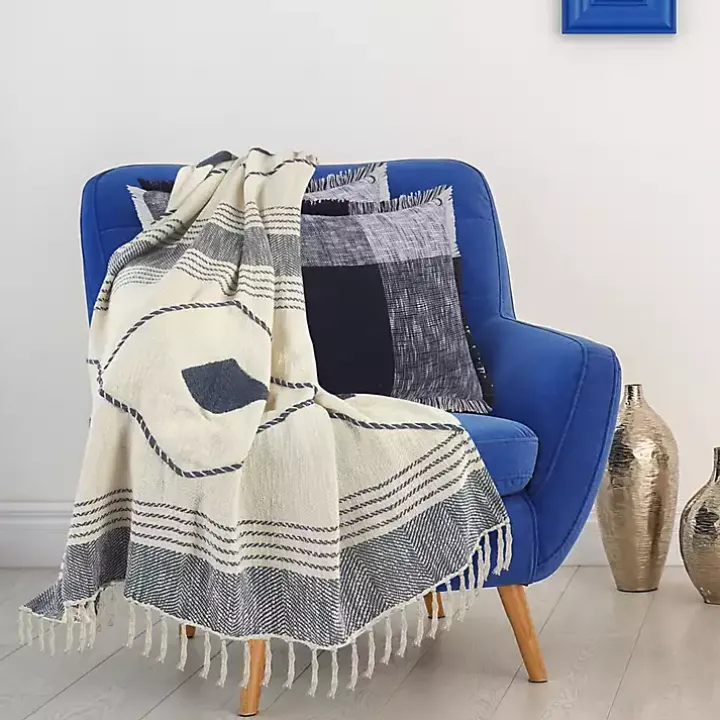 Blue Cotton Diamond Geometric Fringe Throw
