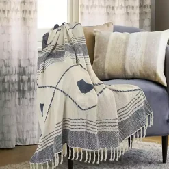 Blue Cotton Diamond Geometric Fringe Throw