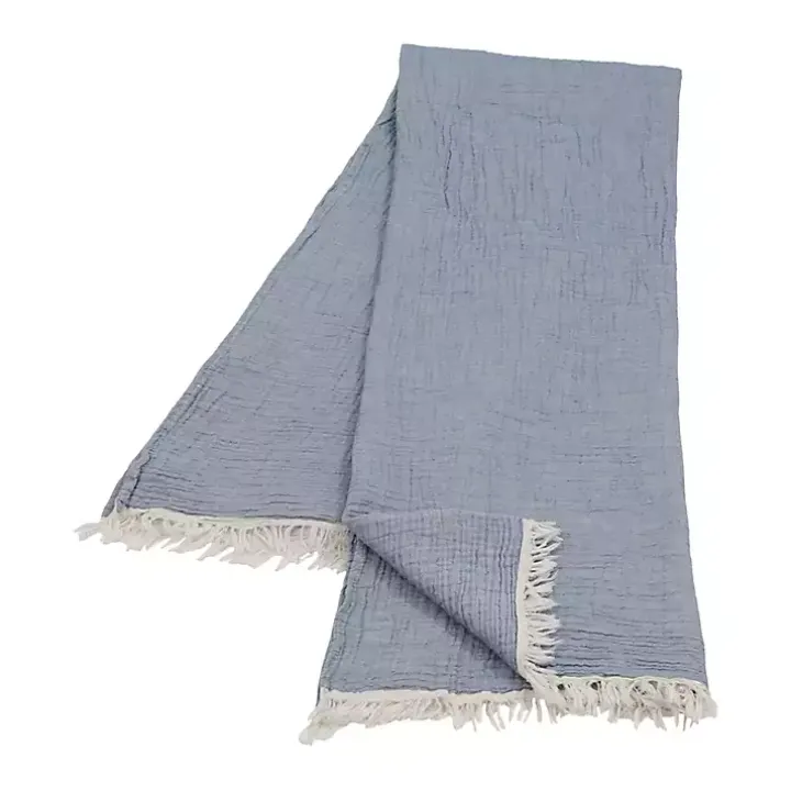 Blue Crinkled Cotton Fringe Throw