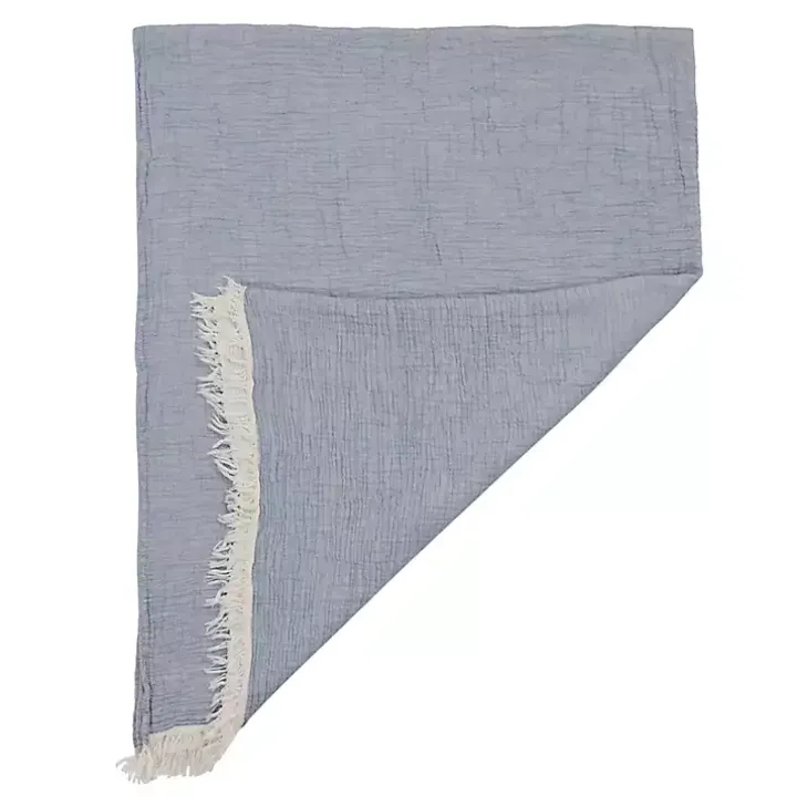Blue Crinkled Cotton Fringe Throw