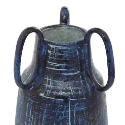 Blue Crosshatch Triple Handle Ceramic Vase, 13 in.