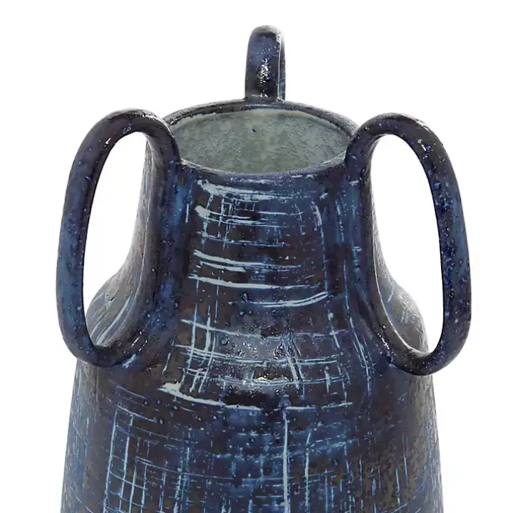 Blue Crosshatch Triple Handle Ceramic Vase, 13 in.