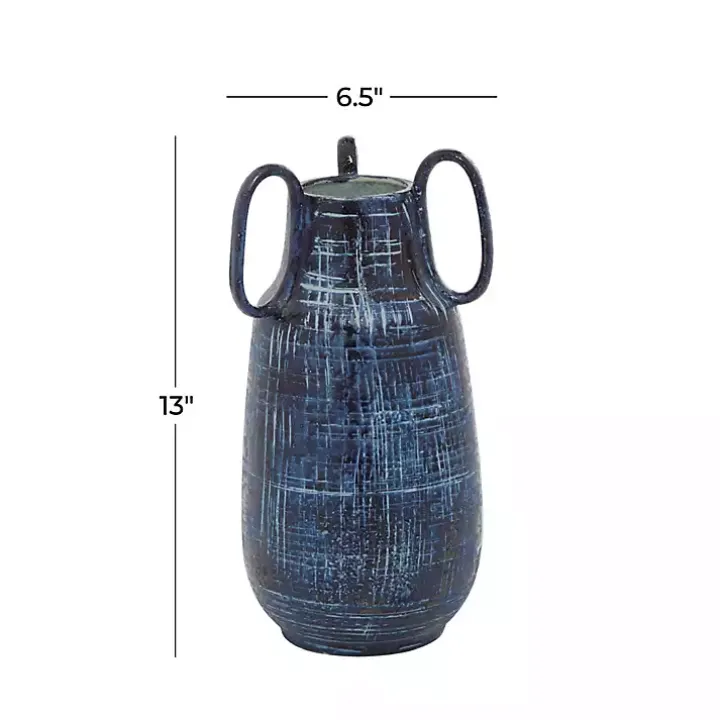 Blue Crosshatch Triple Handle Ceramic Vase, 13 in.