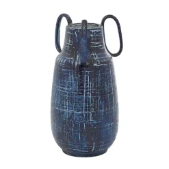 Blue Crosshatch Triple Handle Ceramic Vase, 13 in.
